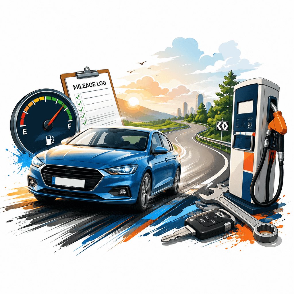 Electric vehicle charging station with a modern blue car, mileage log, and tools, emphasizing sustai.