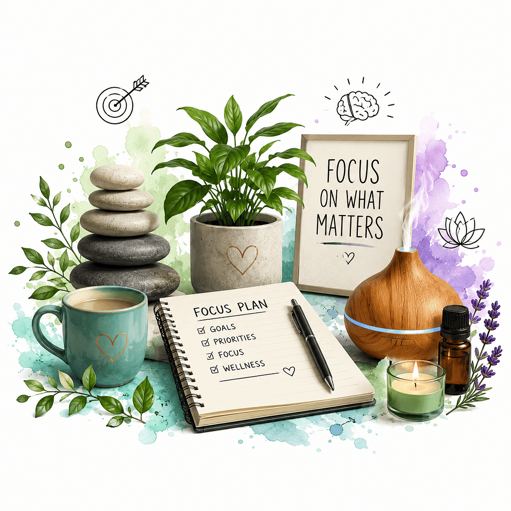 Focus on what matters motivational quote with plants, candles, and wellness items.