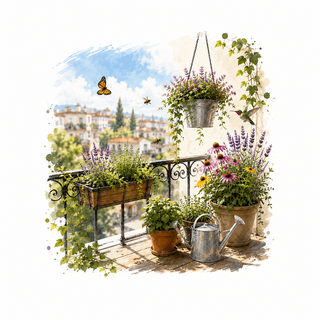 Beautiful balcony garden with blooming flowers, hanging plants, and butterflies in a sunny outdoor s.