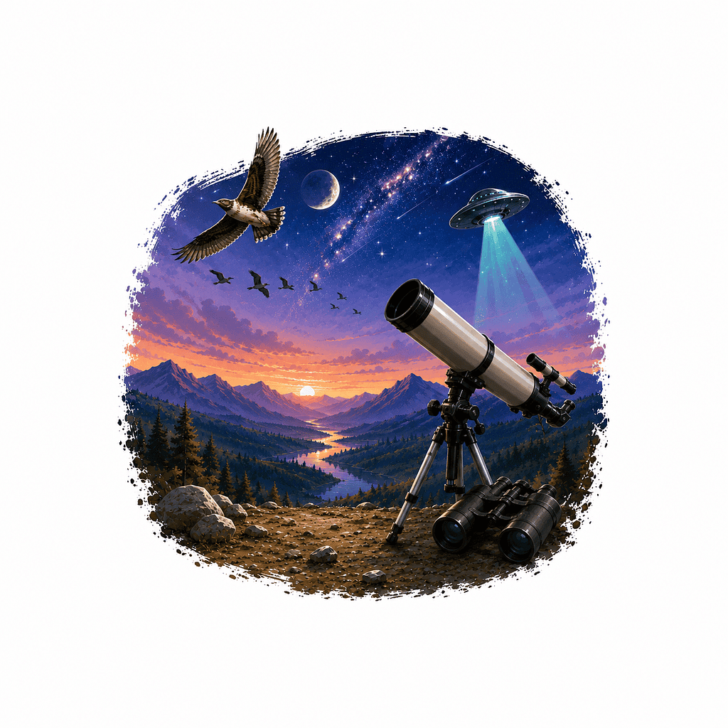 Telescope observing a starry night sky with UFO and mountains.