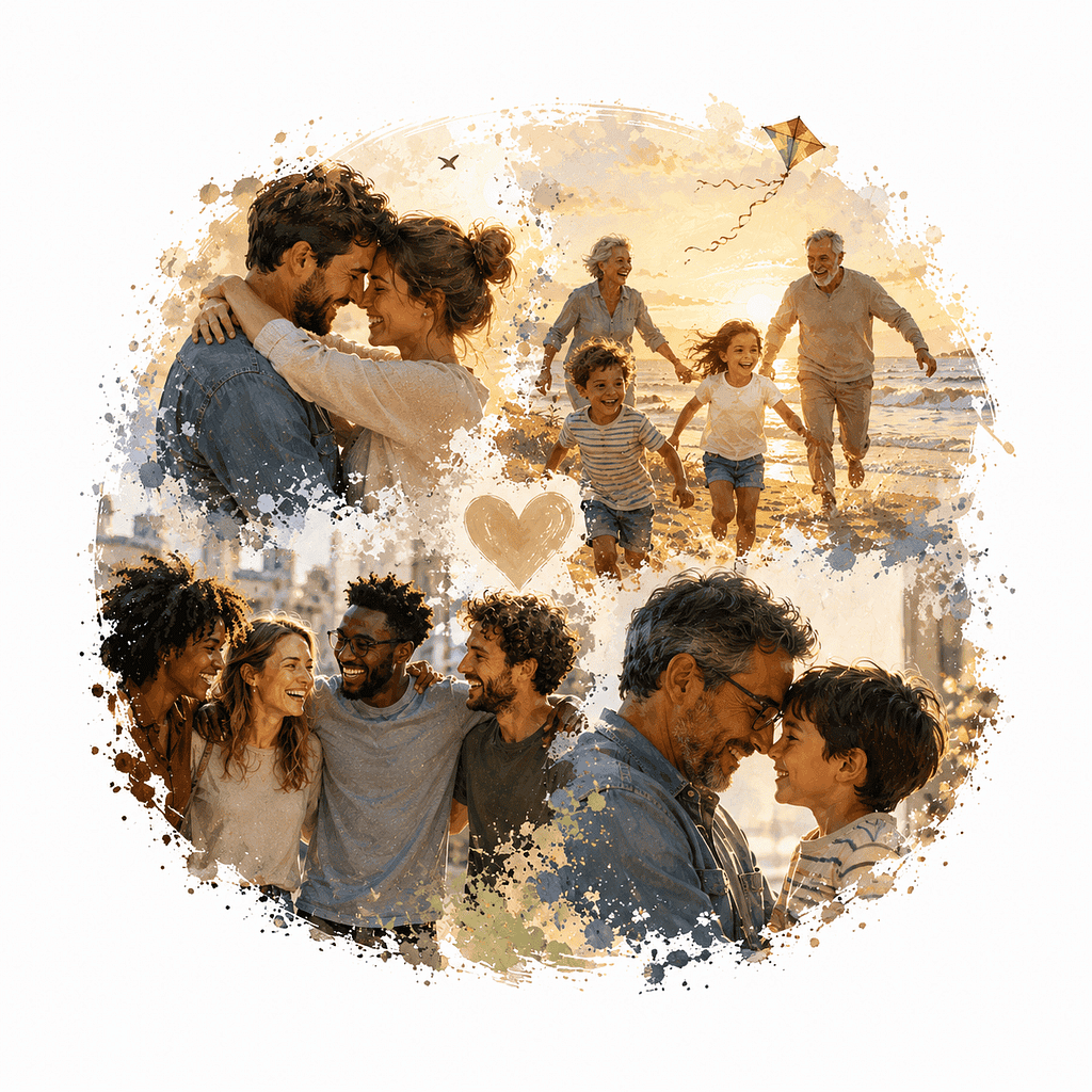 Family enjoying joyful moments at the beach during sunset, showcasing love, happiness, and togethern.