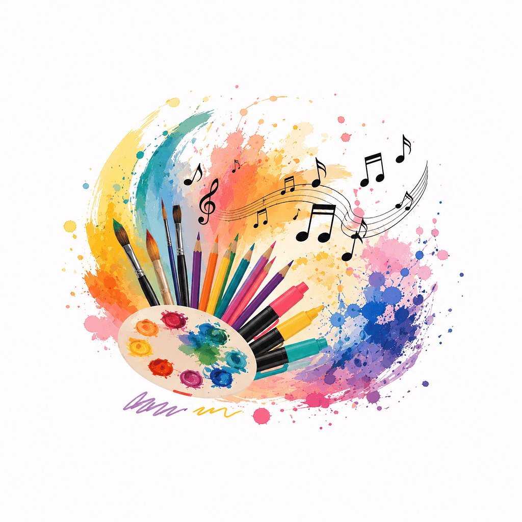 Art supplies including brushes, colored pencils, and a palette with musical notes.
