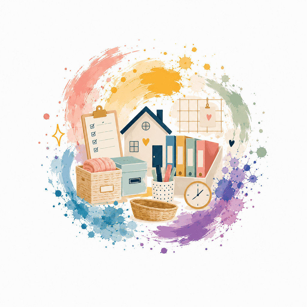 Illustration of home organization tools including files, clock, and stationery.