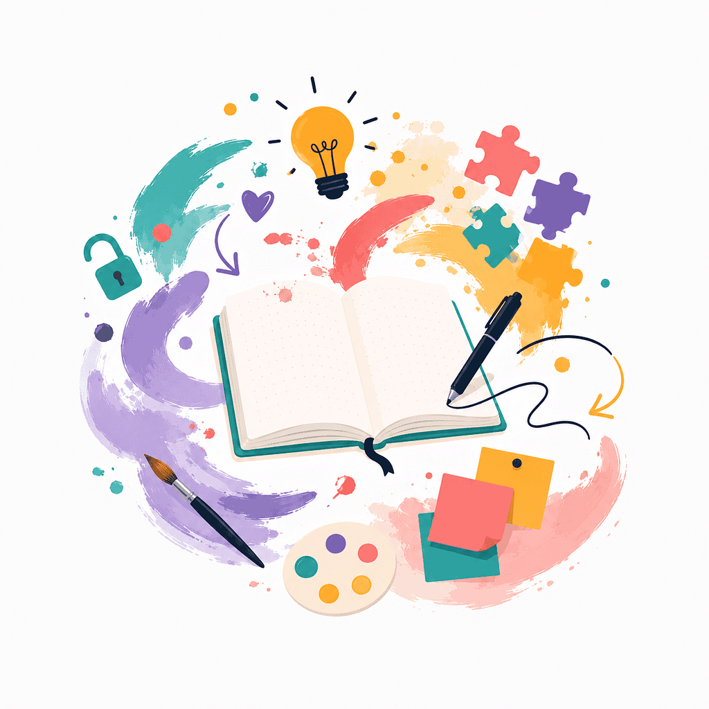 Open notebook with colorful art supplies, puzzle pieces, and lightbulb for creative ideas.