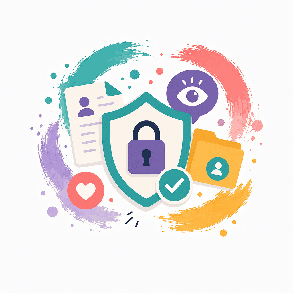 Privacy Policy Scribovo - Illustration of data security, privacy shield, and digital protection icons.
