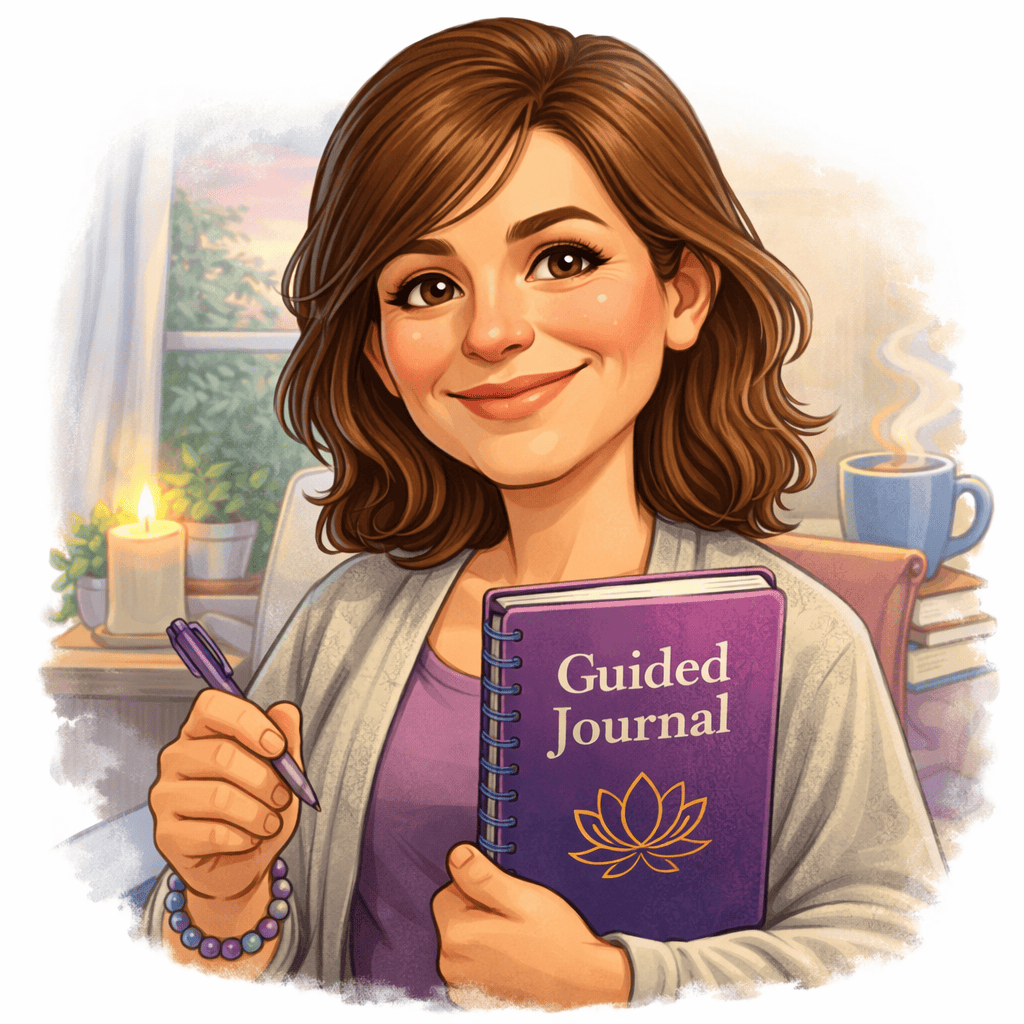 Woman holding a guided journal for personal growth, sitting by a window with candles and plants.