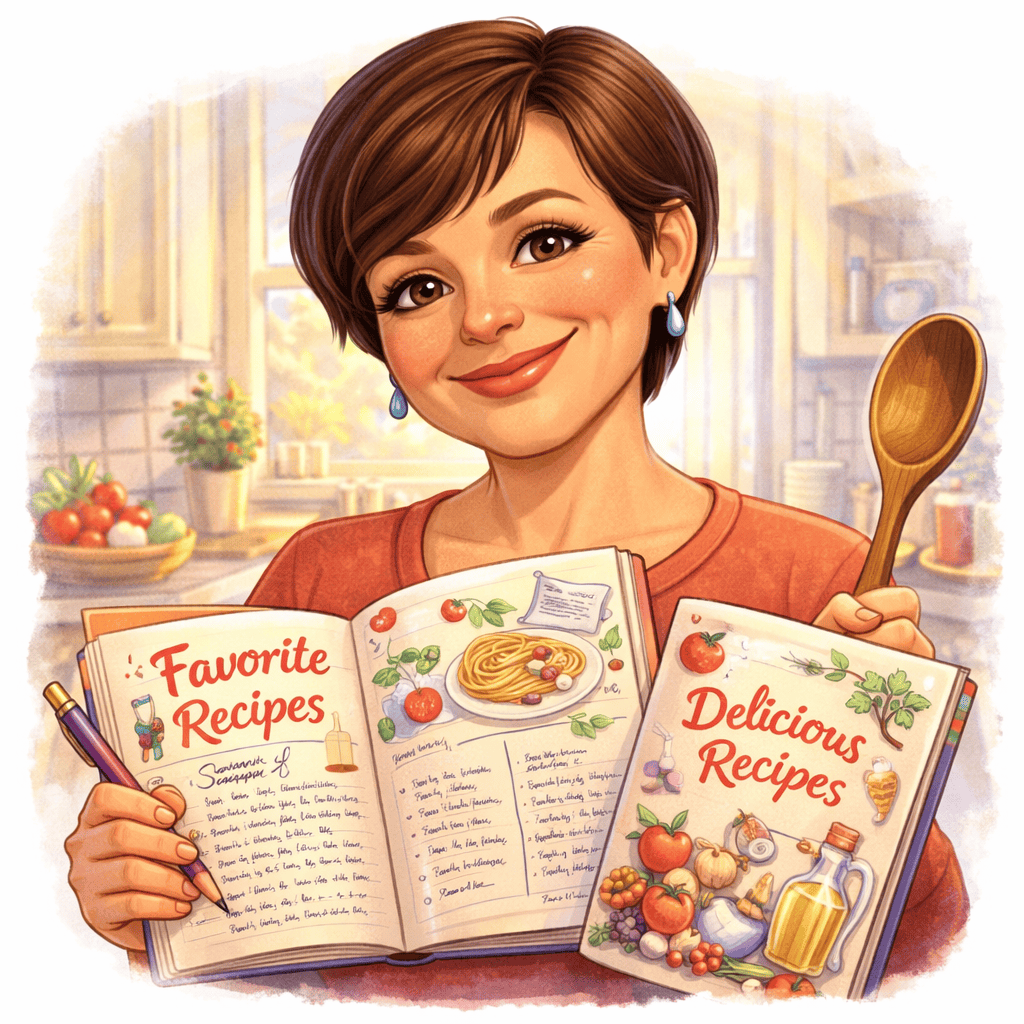 Woman holding recipe books with cooking illustrations in a bright kitchen setting.