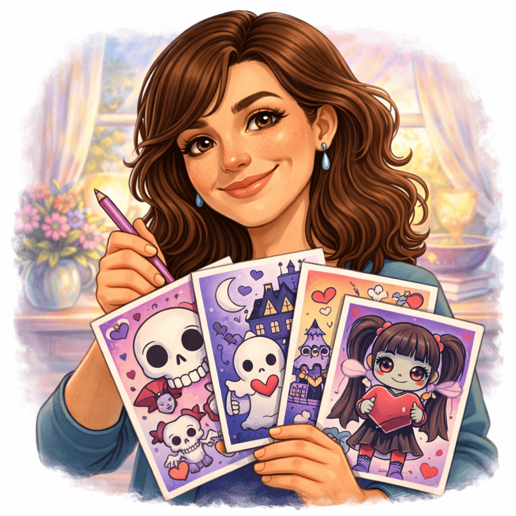 Girl holding vibrant tarot cards with whimsical designs and fantasy themes.