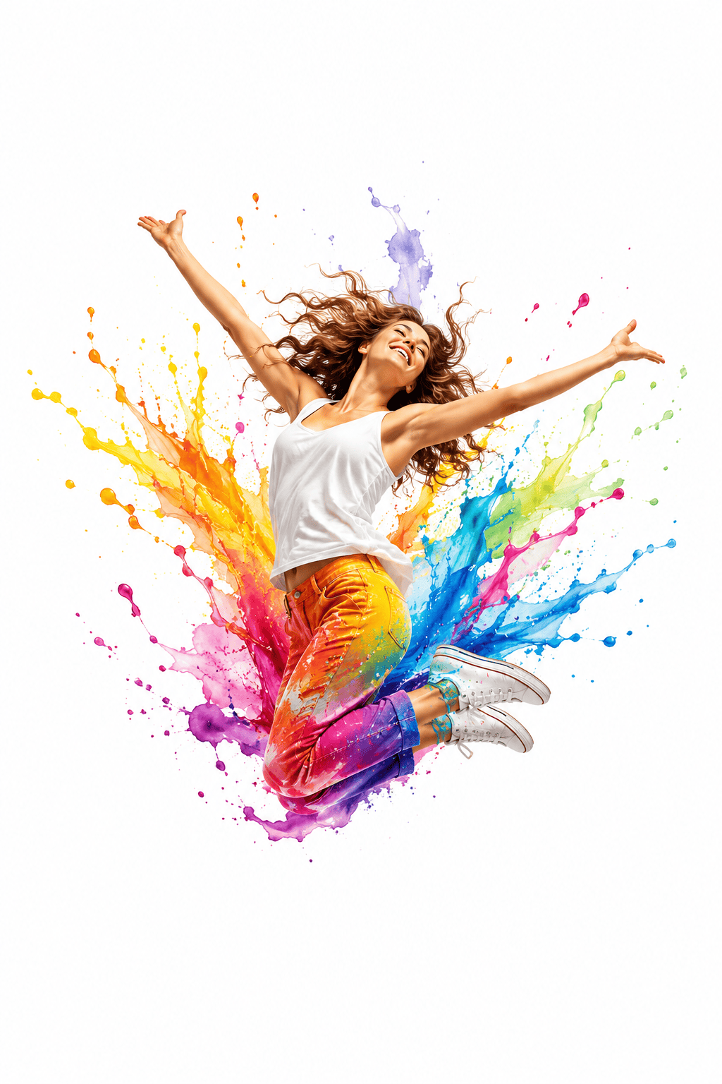 Colorful paint splash behind a woman jumping with joy and arms raised.