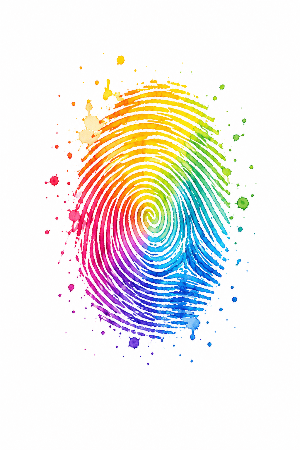 Colorful fingerprint with rainbow hues and paint splatters on white background.