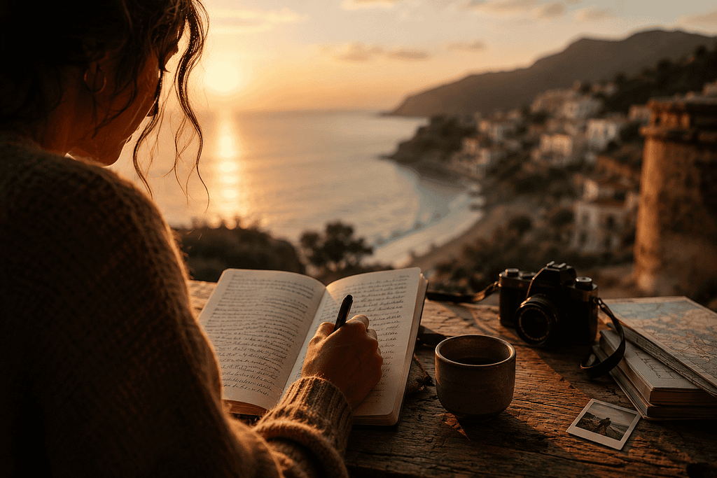 Journaling for wellness. Woman reading a book at sunset overlooking a coastal town and ocean.