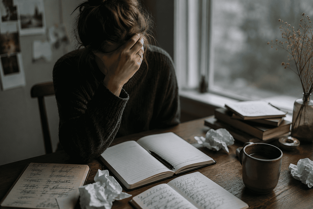 Journaling for wellness. - Stressful student studying with crumpled papers and open books at a desk, reflecting frustration and.