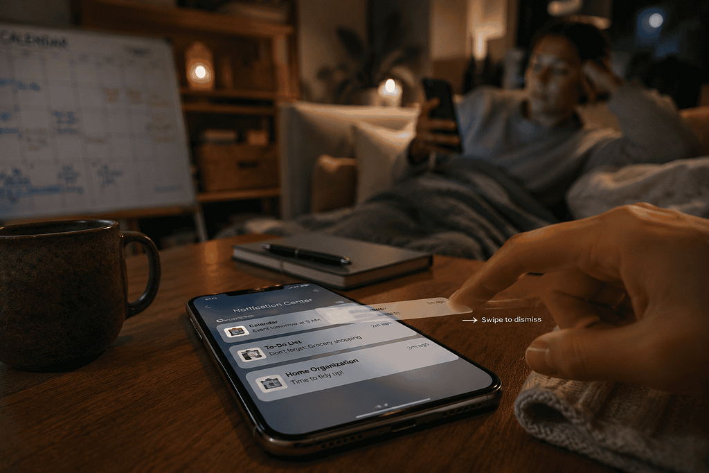 Home Organization. Smartphone displaying notifications in a cozy home setting.