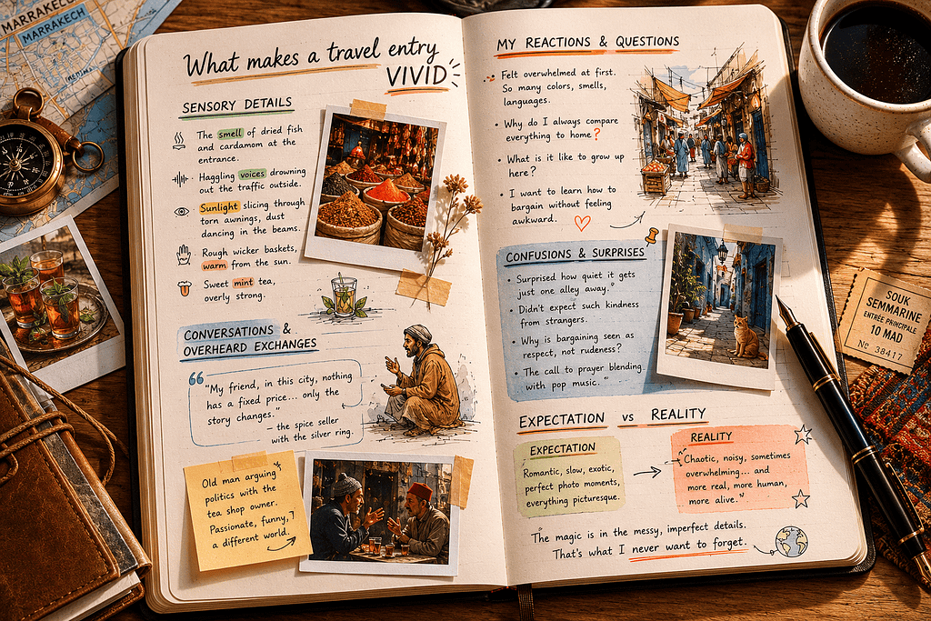 travel journaling - Travel journal page highlighting sensory experiences and personal reflections from travel adventures.