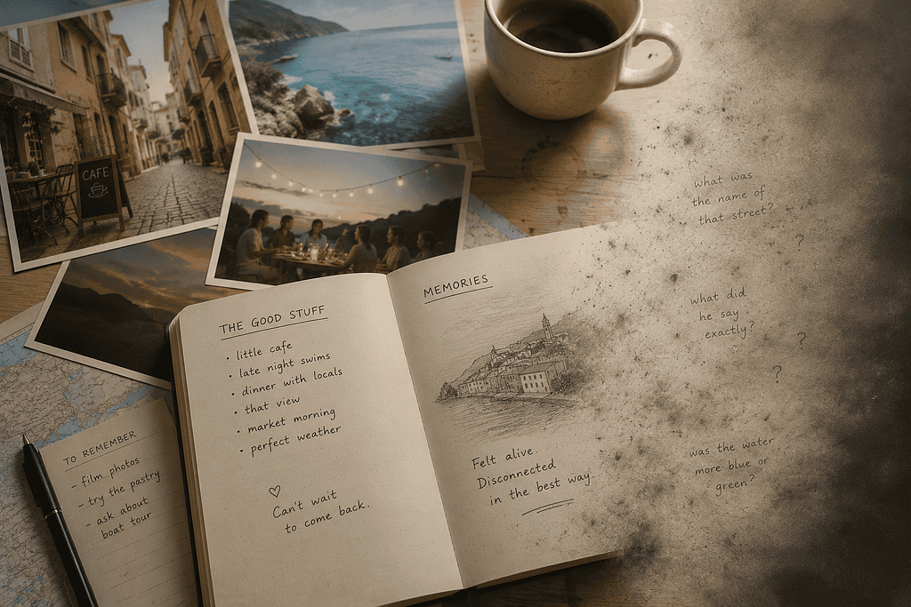travel journaling -Vintage scrapbook with travel photos, notes, and a cup of coffee on a rustic table.