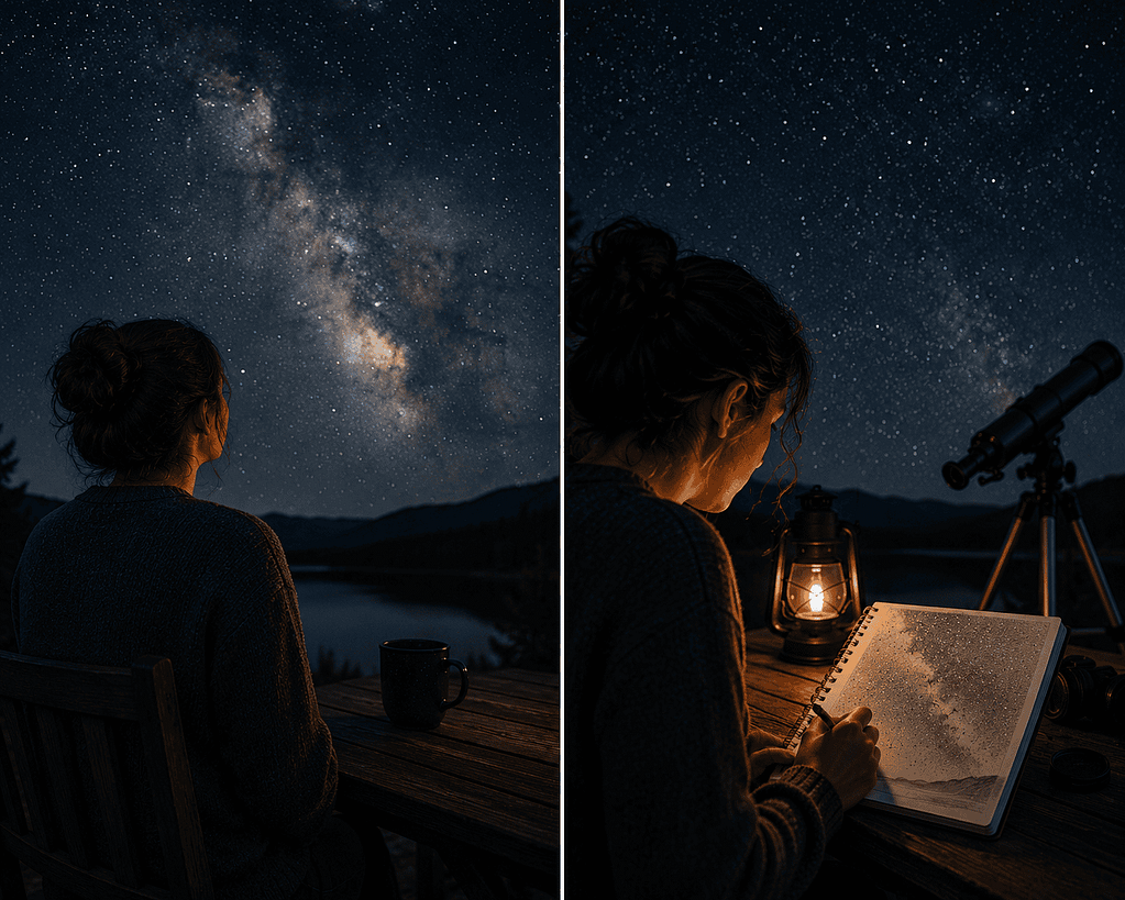 sky observation . A woman observing the starry night sky, using a telescope and taking notes under the Milky Way galaxy.