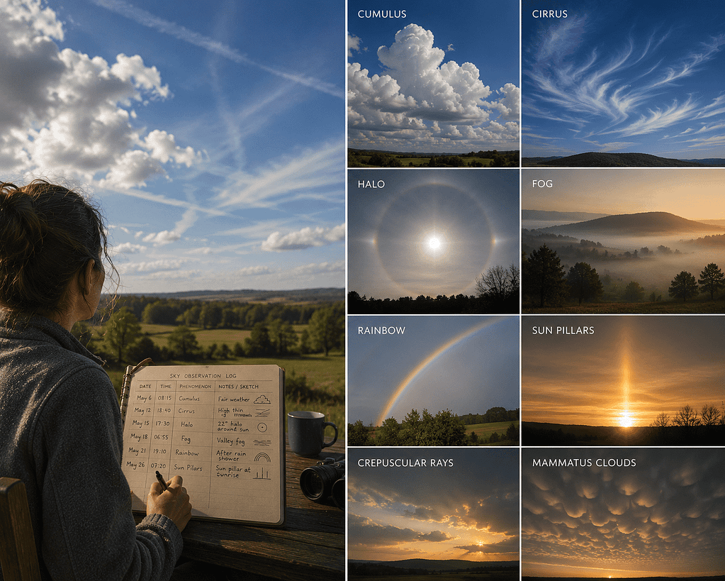Sky Observation. Weather and cloud types observed in the sky, including cumulus, cirrus, halo, fog, rainbow, sun pill.