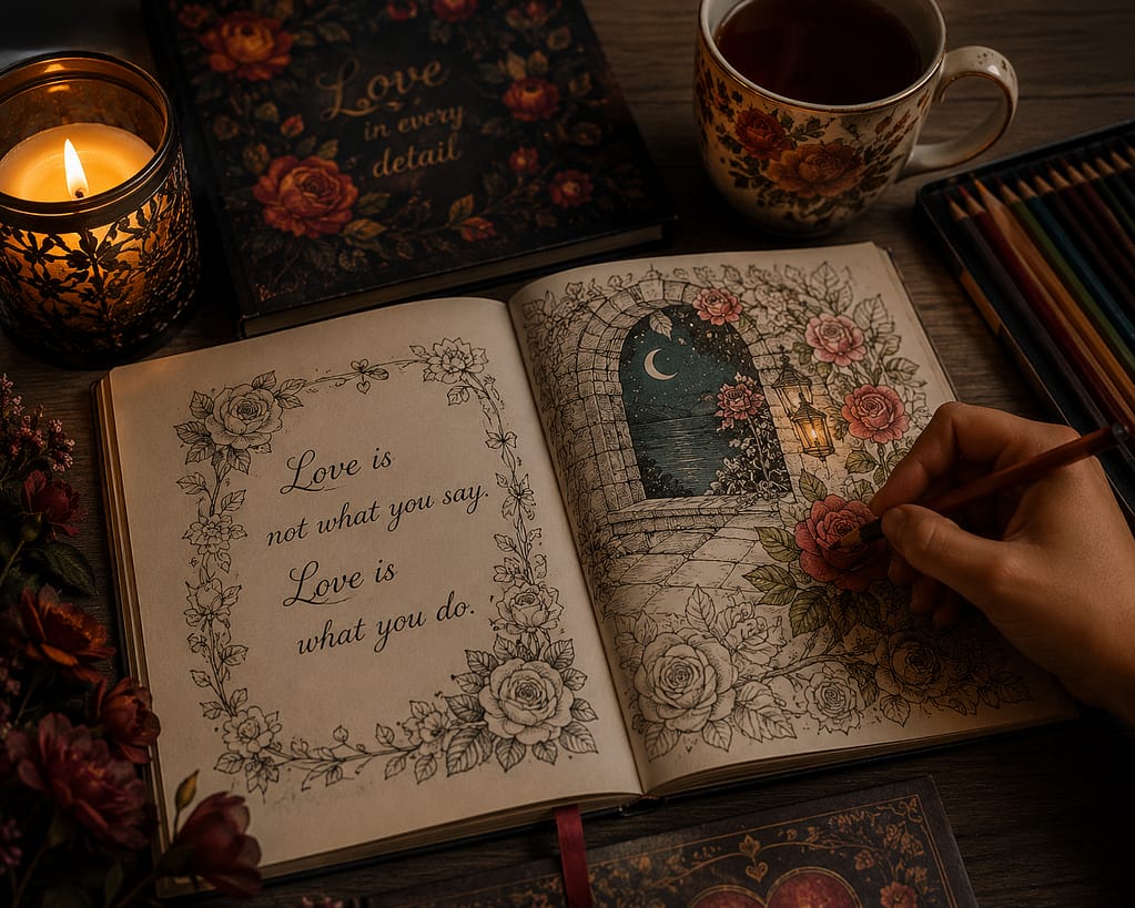 creative relaxation - coloring book with window, flowers and love quote