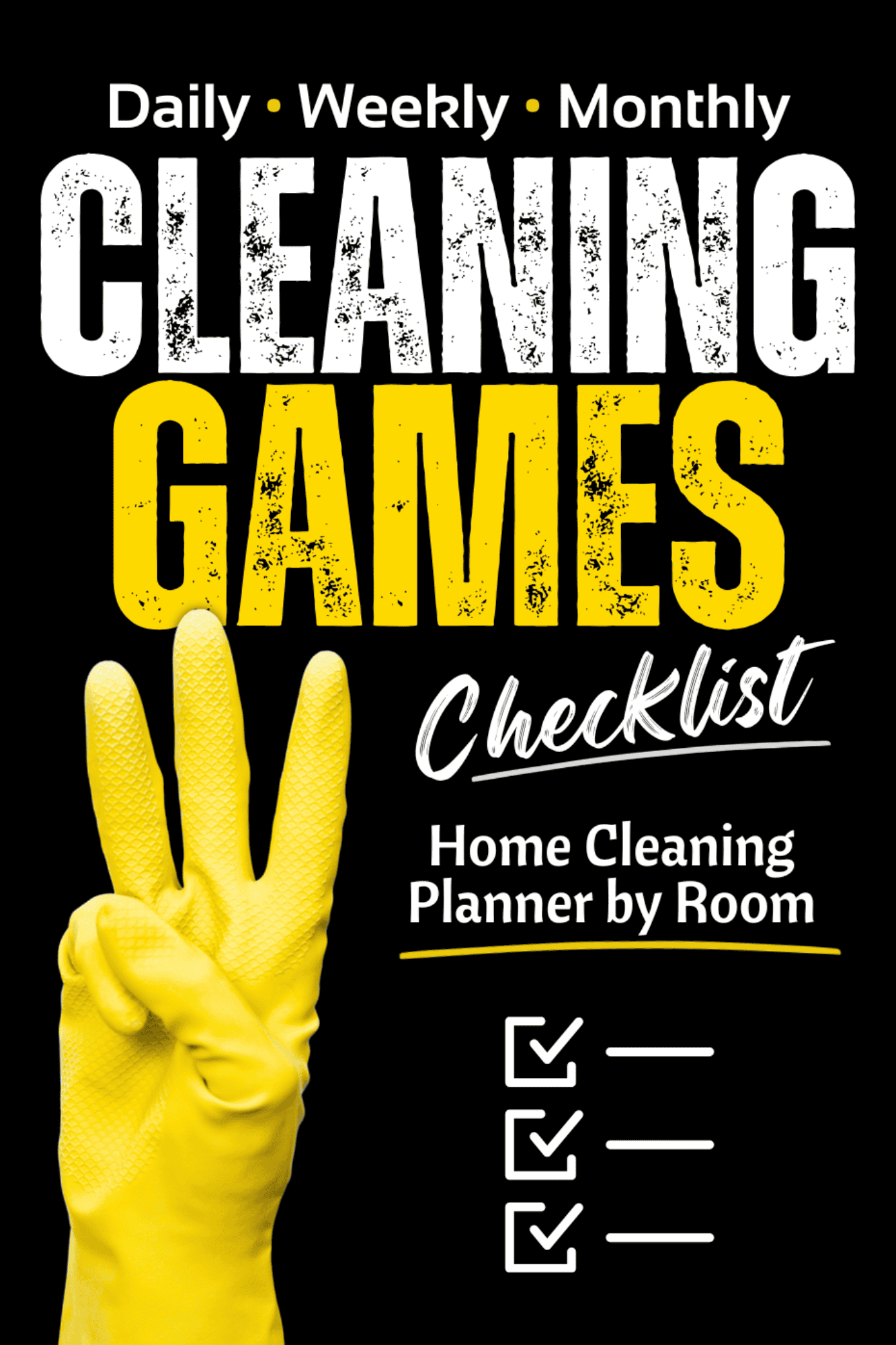 Cleaning games checklist for home cleaning planner, daily, weekly, monthly tasks, organized cleaning.