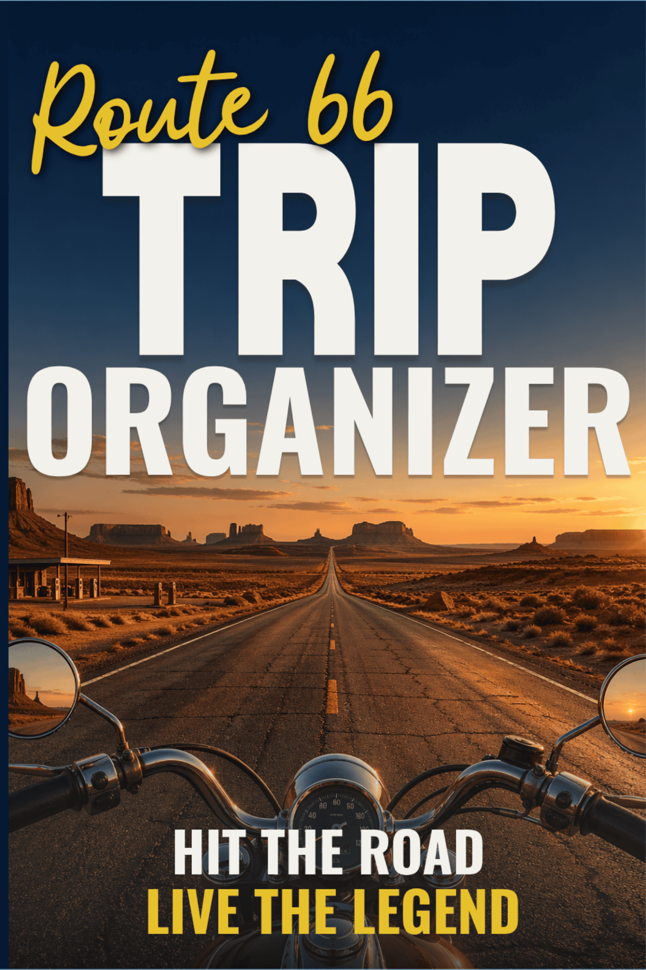 Route 66 road trip planner with scenic desert landscape at sunset.