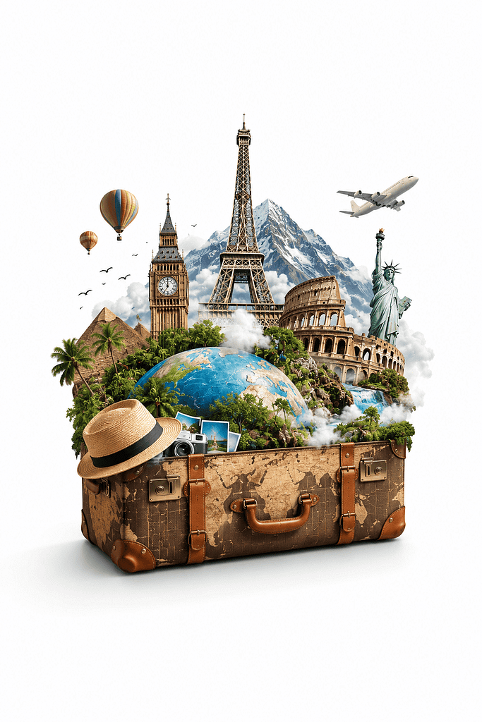 Travel collage featuring Eiffel Tower, Big Ben, Colosseum, Statue of Liberty, and more.