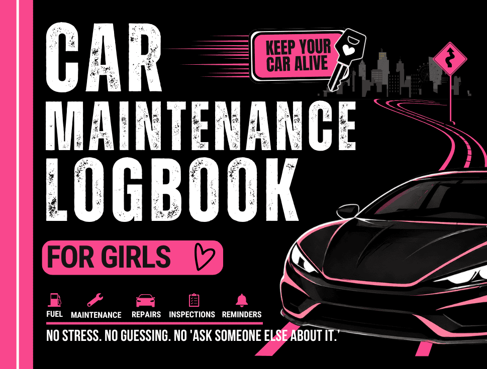 Car maintenance logbook for girls, featuring a sleek black car and pink accents.