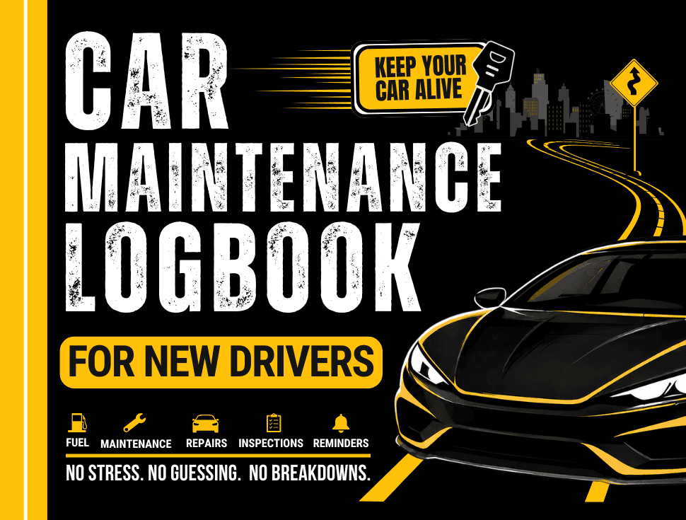 Car maintenance logbook for new drivers with tips on fuel, repairs, inspections, and reminders.